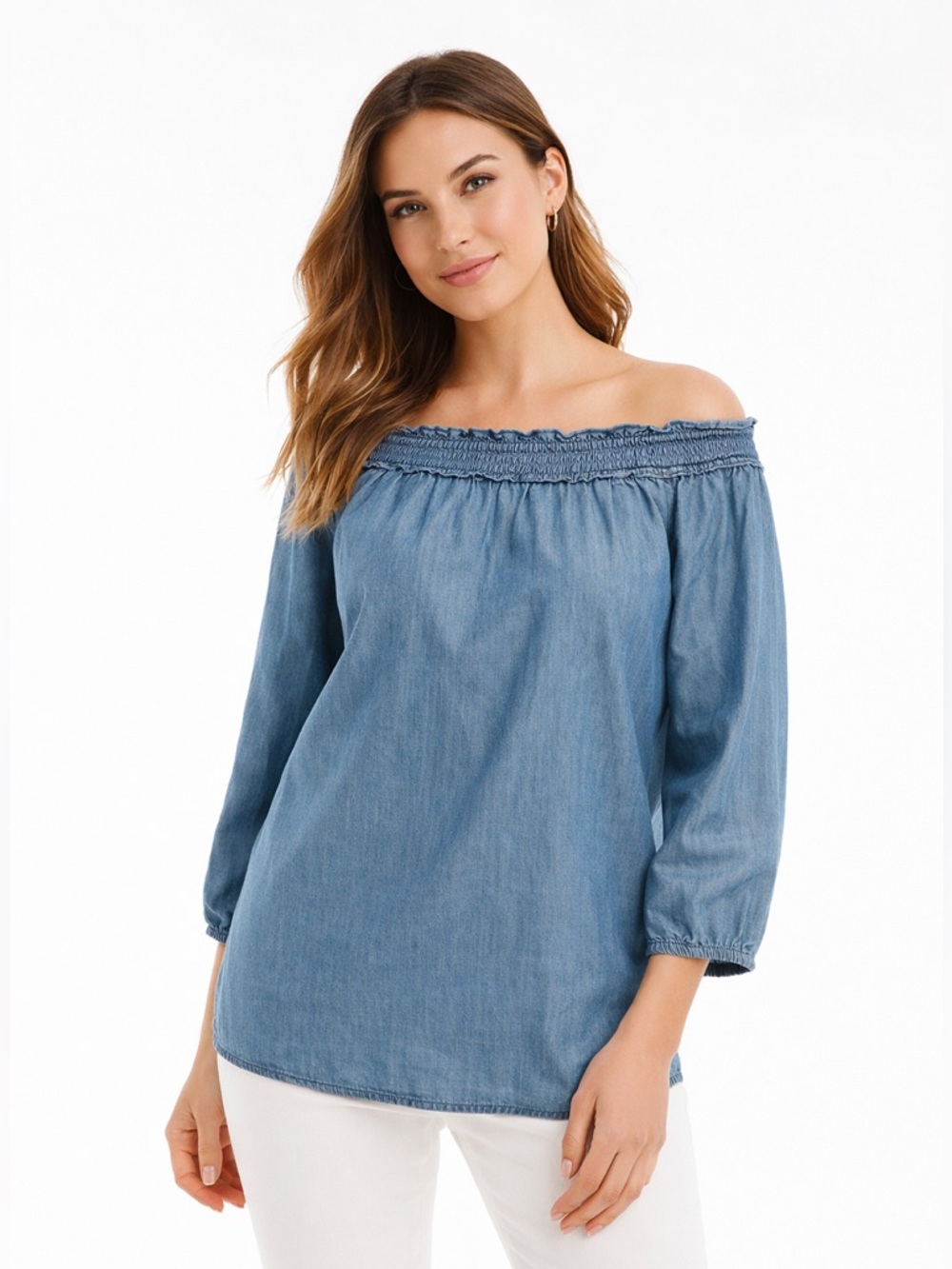Chico’s Chambray Off Shoulder Smocked Blouse Blue Size 0 Small